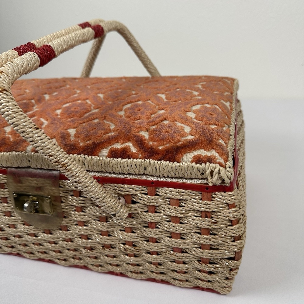 Vtg Japan Woven Wicker Sewing Basket Box Chenille Floral Lid Brass Latch - Picture 2 of 16